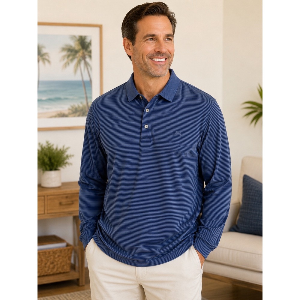 Tommy Bahama Mens XL Blue Striped Long Sleeve Modal Blend Polo Shirt Knit Top